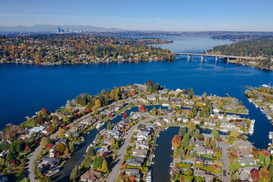 Aerial view of Bellevue, Washington waterfront homes